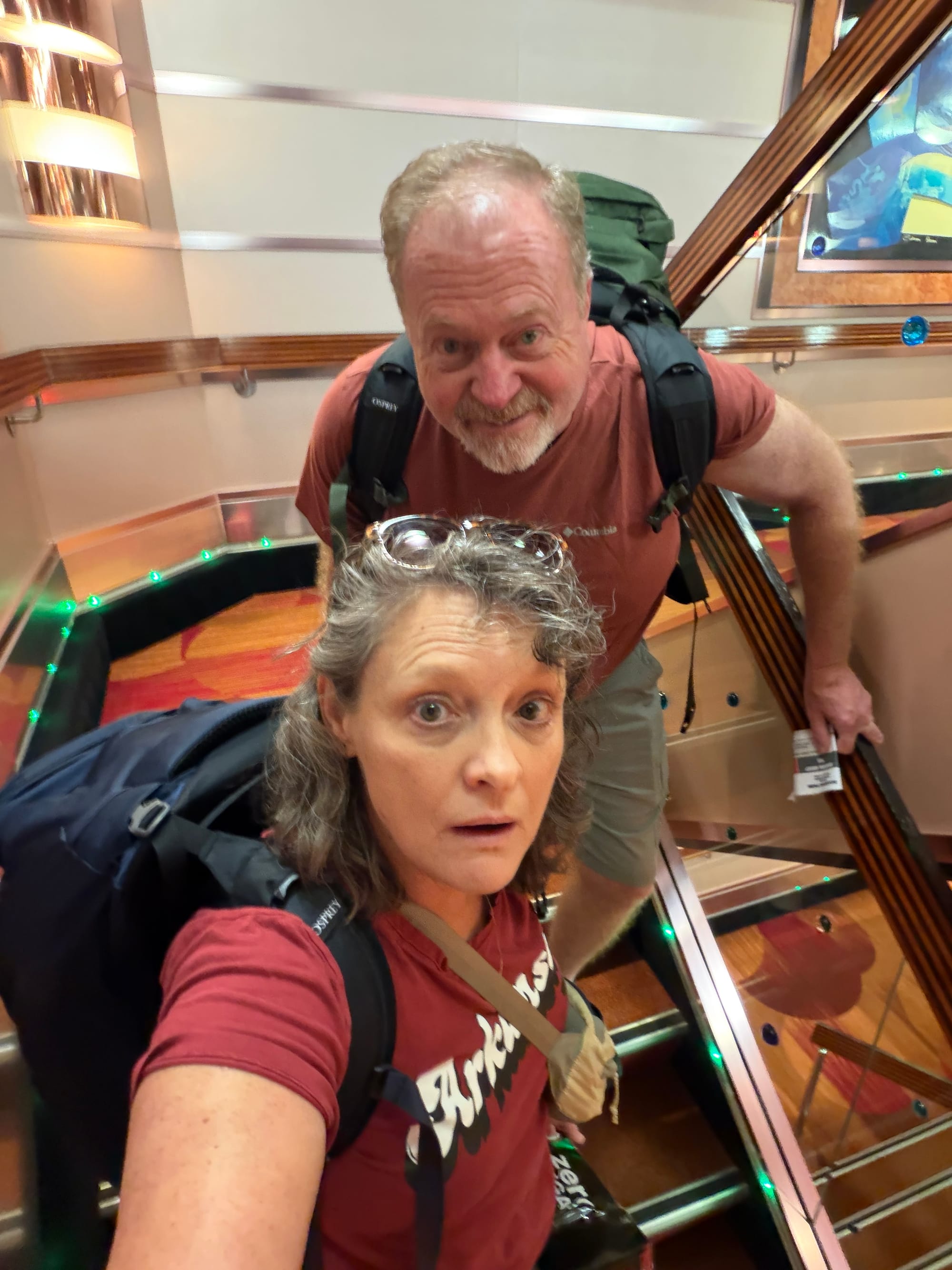 Onboard and walking the stairs with our backpacks